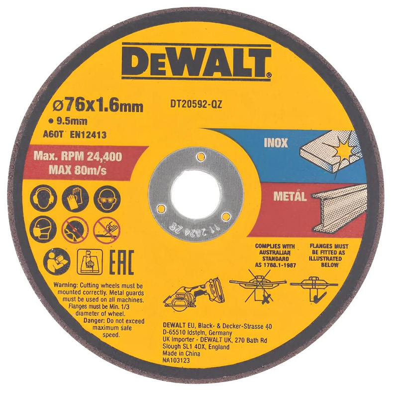 Disc diamantat DeWalt DT20592-QZ - 76x10x1.6 mm, pentru inox / metale feroase si neferoase, set 3 bucati 