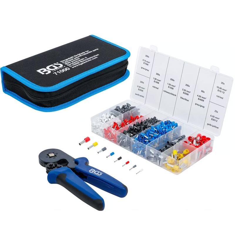 Clește de sertizat ferule BGS 71000, pentru papuci tubulari 0.25 - 10 mm², cu set 1200 ferule 0.5 - 10 mm²