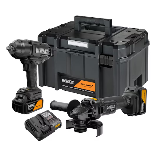 Set 2 scule Dewalt McLaren F1 Team: DCG45MP, DCF99MP, 2 x acumulatori 5 Ah, incarcator, TSTAK KITBOX