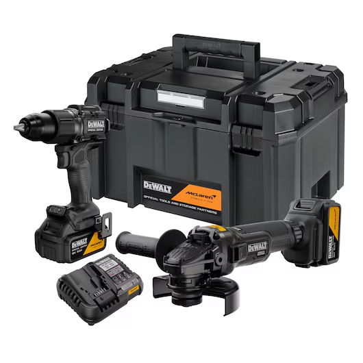 Set 2 scule Dewalt McLaren F1 Team: DCD86MP, DCG45MP, 2 x acumulatori 5 Ah, incarcator, TSTAK MIDBOX